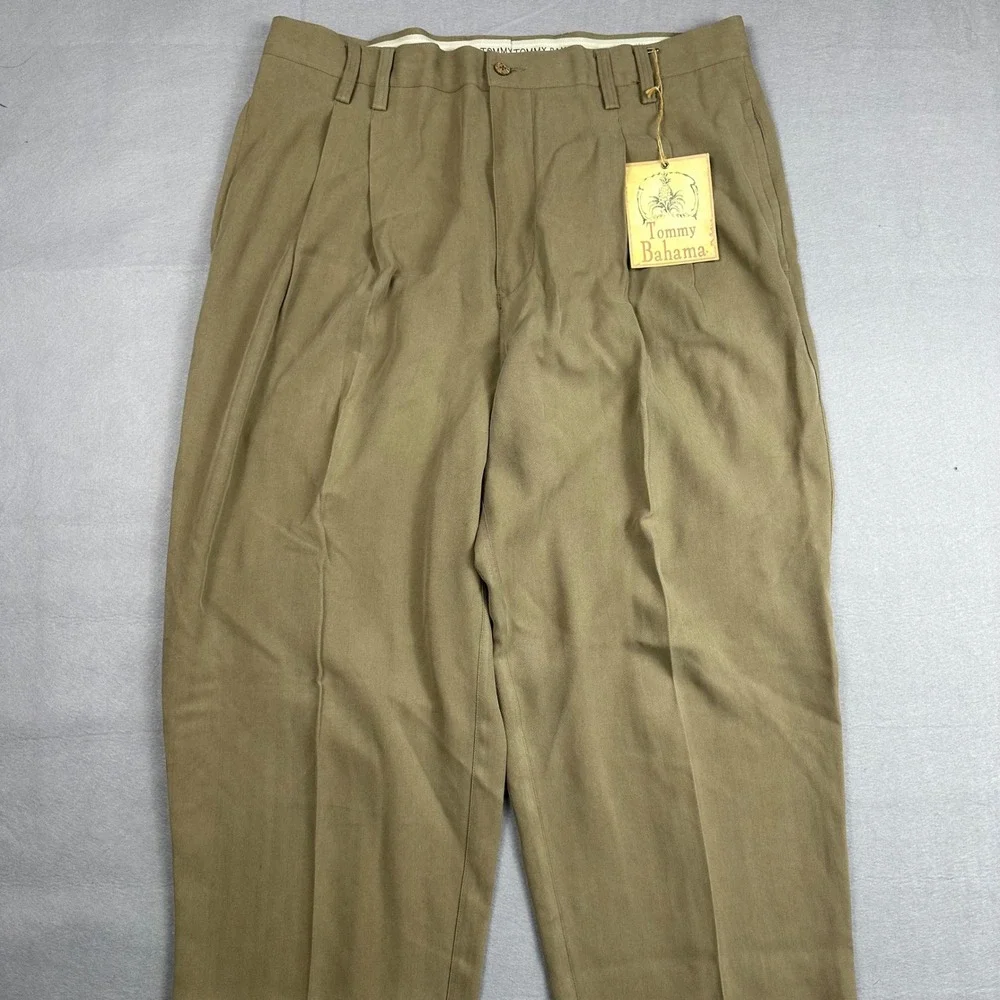 Tommy Bahama Relax The Fishbone Silk Pleated Pants Almond Khaki Herringbone NEW